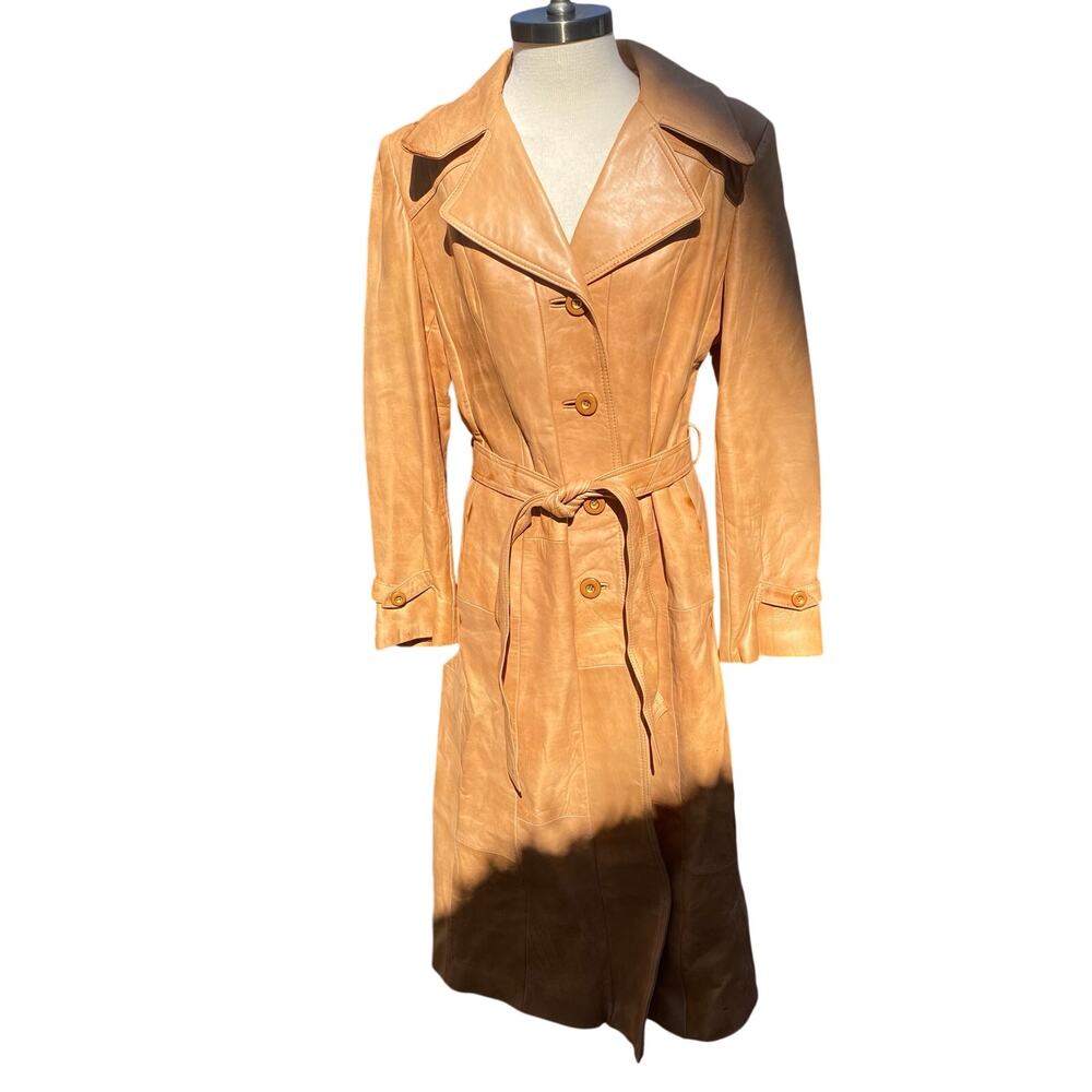Vintage Country Pacer Long Leather Belted Trench Tan Camel Brown Size Medium